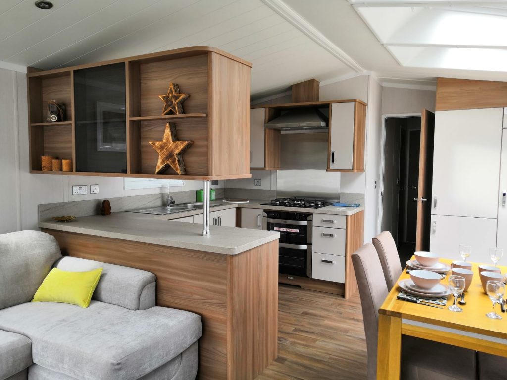The inside of a static caravan, representing the holiday homes with fishing lakes at Brickyard Lakes.